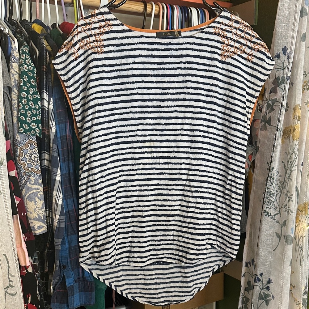 THML Navy and White Striped Long Sleeve Tee with Gold Embroidered Shoulders